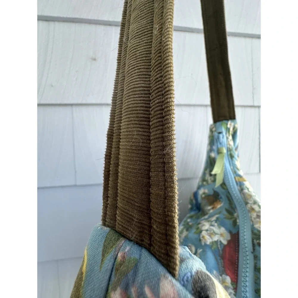 Sally Bag Bird Print Shoulder‎ Bag Floral Cotton Corduroy Trim Zip Hobo